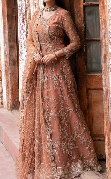 Motifz Dark Peach Net Suit | Pakistani Embroidered Chiffon Dresses USA- Image 1
