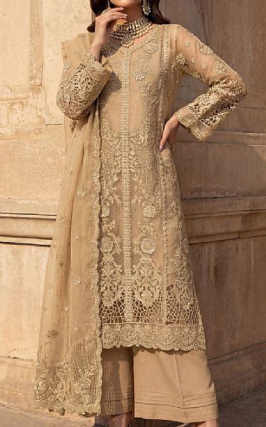 Motifz Tan Organza Suit | Pakistani Embroidered Chiffon Dresses USA- Image 1