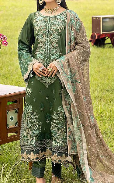 Muscari Fern Green Satin Cotton Suit | Pakistani Dresses in USA- Image 1