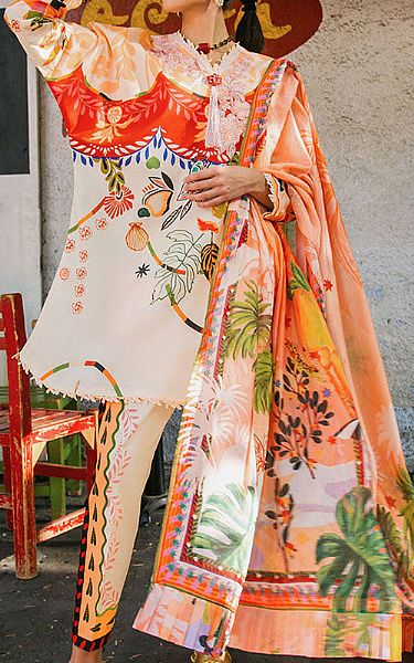 Mushq Ivory/Coral Lawn Suit | Pakistani Lawn Dress in USA- Image 1