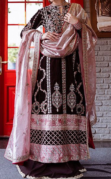 Mushq Seal Brown Velvet Suit | Pakistani Winter Dresses in USA- Image 1