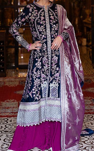 Mushq Midnight Blue Velvet Suit | Pakistani Winter Dresses in USA- Image 1