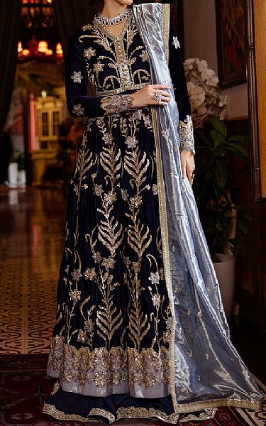 Mushq Navy Blue Velvet Suit | Pakistani Winter Dresses in USA- Image 1