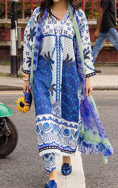 Mushq Blue/White Lawn Suit | Pakistani Lawn Dress in USA- Image 1