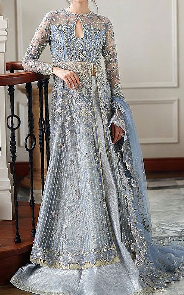 Mushq Cadet Blue Net Suit | Pakistani Embroidered Chiffon Dresses USA- Image 1