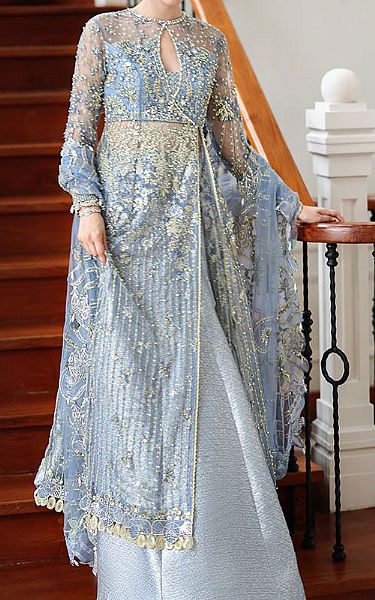 Mushq Cadet Blue Net Suit | Pakistani Embroidered Chiffon Dresses USA- Image 2