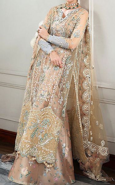 Mushq Fawn/Pink Net Suit | Pakistani Embroidered Chiffon Dresses USA- Image 2