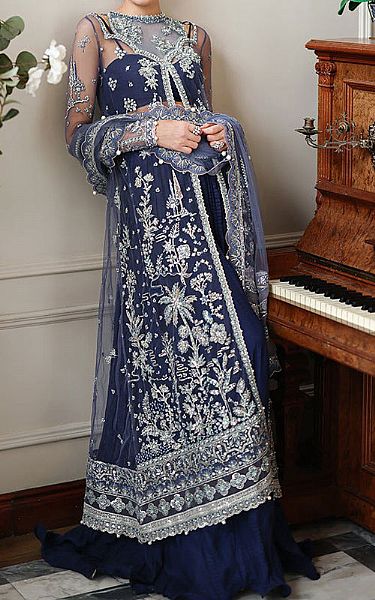Mushq Blue Net Suit | Pakistani Embroidered Chiffon Dresses USA- Image 1