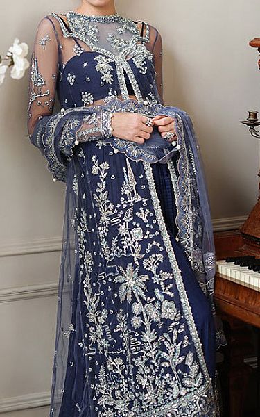 Mushq Blue Net Suit | Pakistani Embroidered Chiffon Dresses USA- Image 3