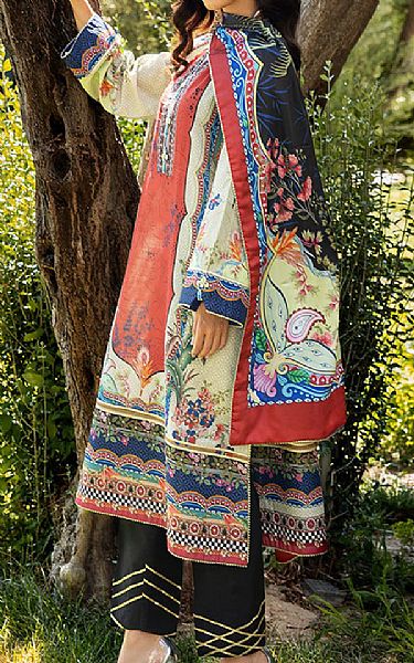 Mushq Off White/Crimson Raw Silk Suit | Pakistani Embroidered Chiffon Dresses USA- Image 2