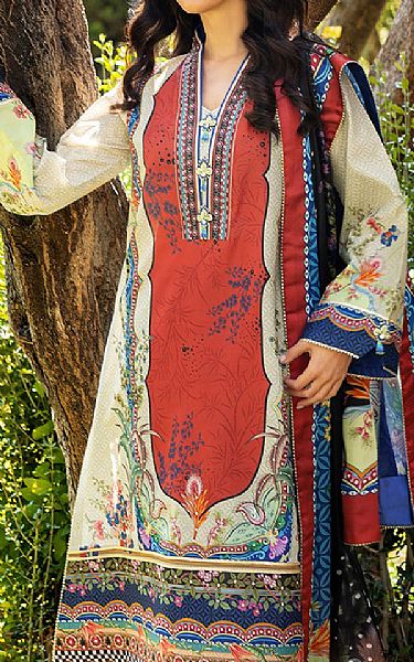 Mushq Off White/Crimson Raw Silk Suit | Pakistani Embroidered Chiffon Dresses USA- Image 3