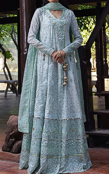 Mushq Tropical Blue Net Suit | Pakistani Embroidered Chiffon Dresses USA- Image 1