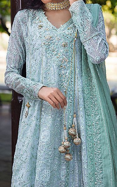 Mushq Tropical Blue Net Suit | Pakistani Embroidered Chiffon Dresses USA- Image 3