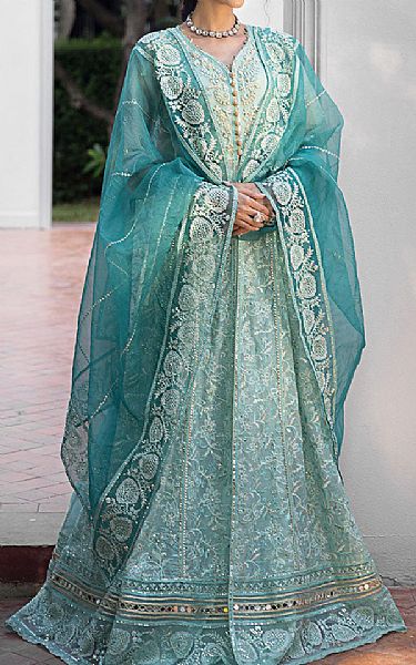 Mushq Cyan Opaque Net Suit | Pakistani Embroidered Chiffon Dresses USA- Image 1