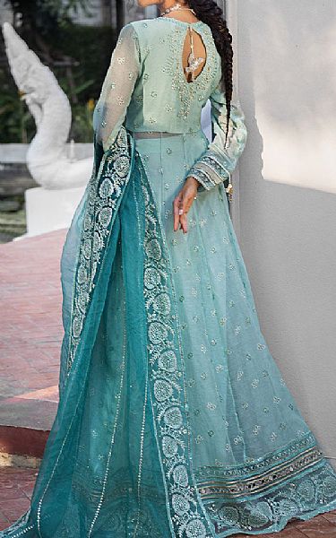 Mushq Cyan Opaque Net Suit | Pakistani Embroidered Chiffon Dresses USA- Image 2