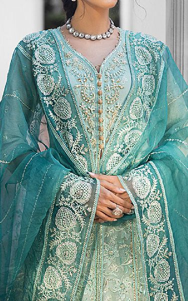 Mushq Cyan Opaque Net Suit | Pakistani Embroidered Chiffon Dresses USA- Image 3