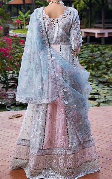 Mushq Pale Auqa/Pink Pearl Net Suit | Pakistani Embroidered Chiffon Dresses USA- Image 2