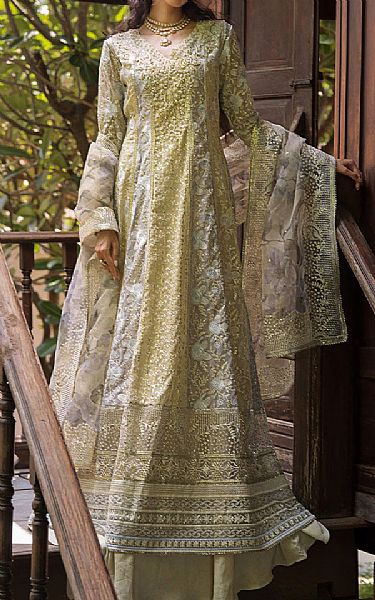 Mushq Thistle Green/Dusty Grey Net Suit | Pakistani Embroidered Chiffon Dresses USA- Image 1