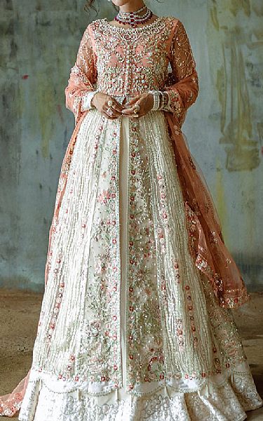 Mushq Coral/Off White Net Suit | Pakistani Embroidered Chiffon Dresses USA- Image 1