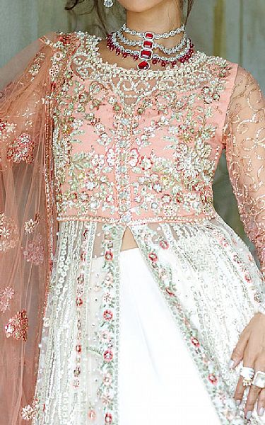 Mushq Coral/Off White Net Suit | Pakistani Embroidered Chiffon Dresses USA- Image 3