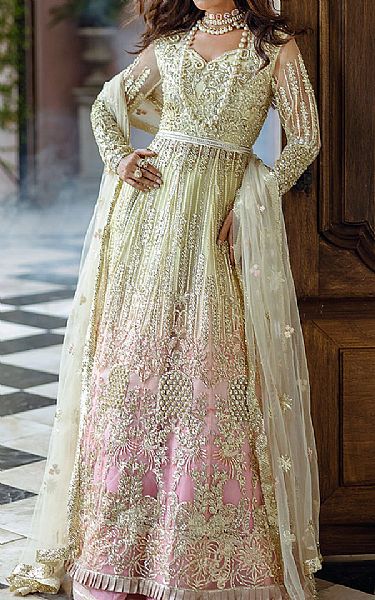 Mushq Sage Green/Pink Net Suit | Pakistani Embroidered Chiffon Dresses USA- Image 1
