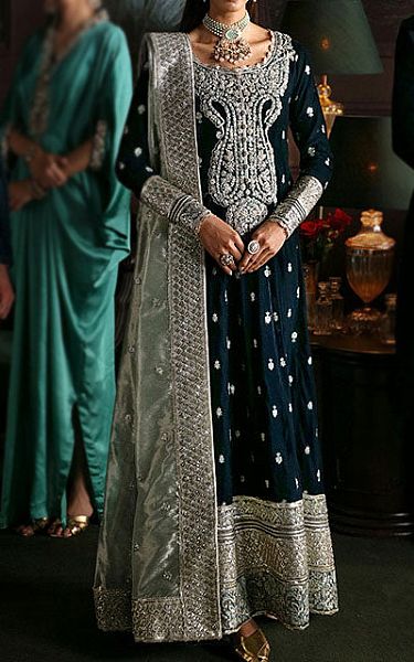 Mushq Teal Velvet Suit | Pakistani Winter Dresses- Image 1