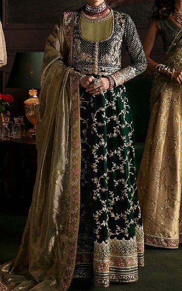 Mushq Bottle Green Velvet Suit | Pakistani Winter Dresses- Image 1