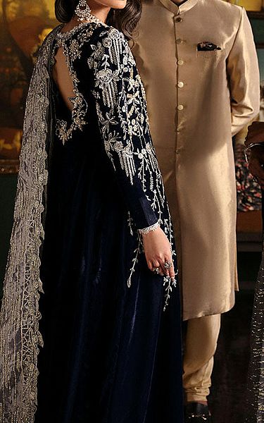 Mushq Dark Blue Velvet Suit | Pakistani Winter Dresses- Image 2