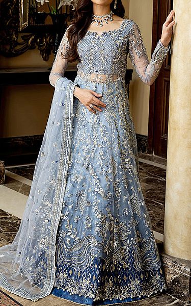 Mushq Sky Blue Net Suit | Pakistani Embroidered Chiffon Dresses USA- Image 1