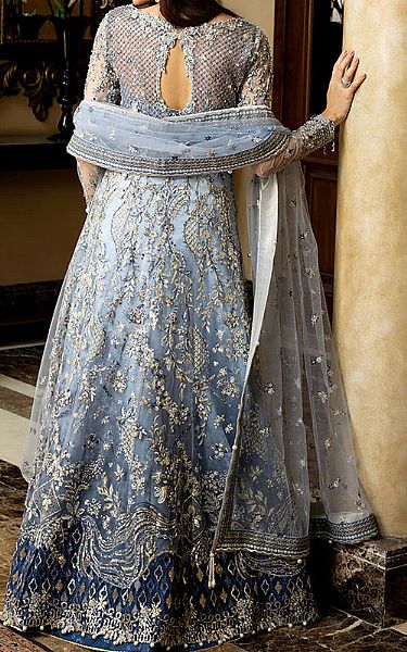 Mushq Sky Blue Net Suit | Pakistani Embroidered Chiffon Dresses USA- Image 2
