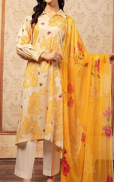 Nishat Ivory/Mustard Lawn Suit (2 Pcs) | Pakistani Dresses in USA- Image 1