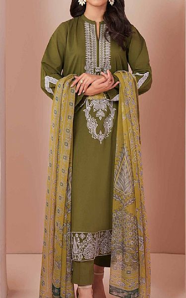Nishat Olive Green Cambric Suit | Pakistani Lawn Suits- Image 1