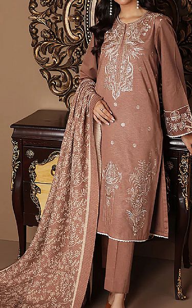 Nishat Pinkish Brown Karandi Suit | Pakistani Winter Dresses- Image 1