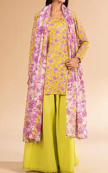 Nishat Lemon Yellow/Pink Lawn Suit | Pakistani Lawn Dress in USA- Image 1