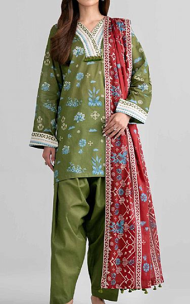 Nishat Olive Green Lawn Suit | Pakistani Lawn Dress in USA- Image 1