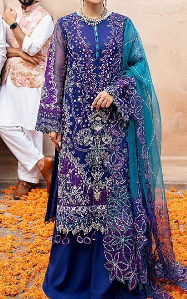 Nureh Royal Blue Organza Suit | Pakistani Embroidered Chiffon Dresses- Image 1