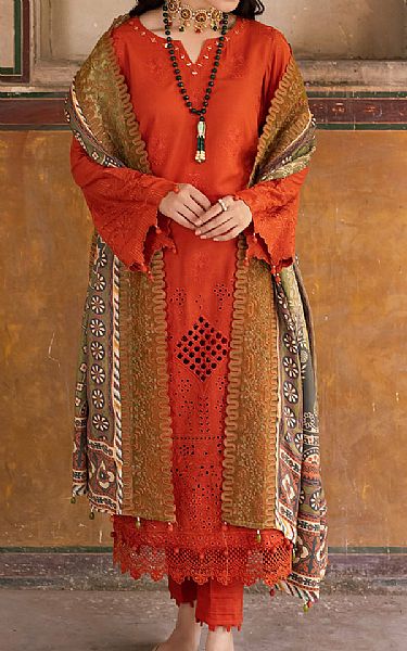 Nureh Safety Orange Khaddar Suit | Pakistani Dresses in USA- Image 1