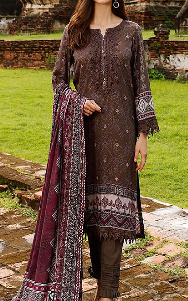 Nureh Dark Brown Linen Suit | Pakistani Winter Dresses- Image 1