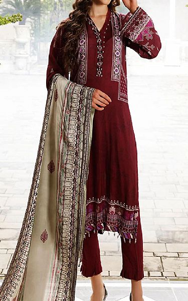Nureh Maroon Linen Suit | Pakistani Winter Dresses- Image 1