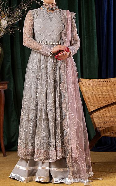 Nureh Grey Net Suit | Pakistani Embroidered Chiffon Dresses USA- Image 1