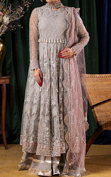 Nureh Grey Net Suit | Pakistani Embroidered Chiffon Dresses USA- Image 2
