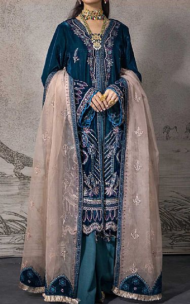 Nureh Denim Blue Velvet Suit | Pakistani Dresses in USA- Image 1
