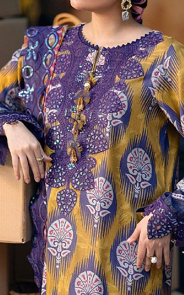 Nureh Mustard/Purple Crepe Suit | Pakistani Embroidered Chiffon Dresses USA- Image 3