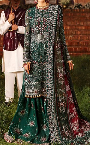 Nureh Bottle Green Chiffon Suit | Pakistani Embroidered Chiffon Dresses USA- Image 1