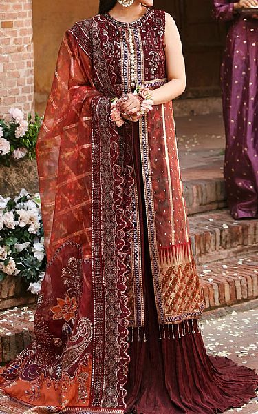 Nureh Wine Organza Suit | Pakistani Embroidered Chiffon Dresses USA- Image 1
