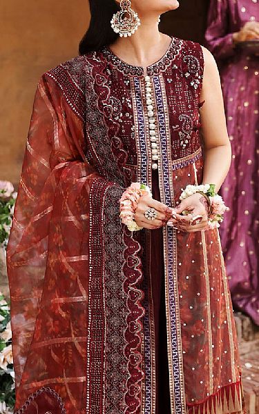 Nureh Wine Organza Suit | Pakistani Embroidered Chiffon Dresses USA- Image 3
