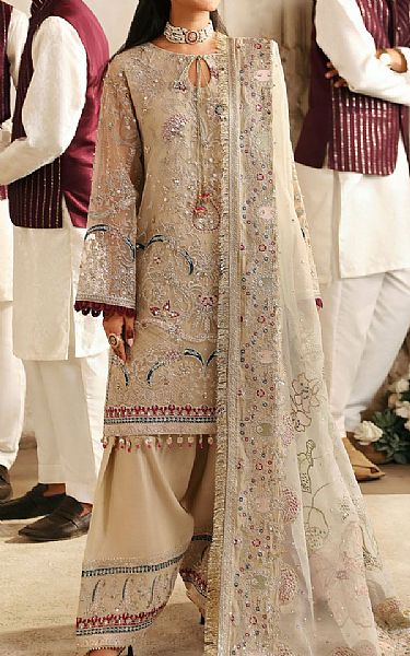 Nureh Tan Organza Suit | Pakistani Embroidered Chiffon Dresses USA- Image 1
