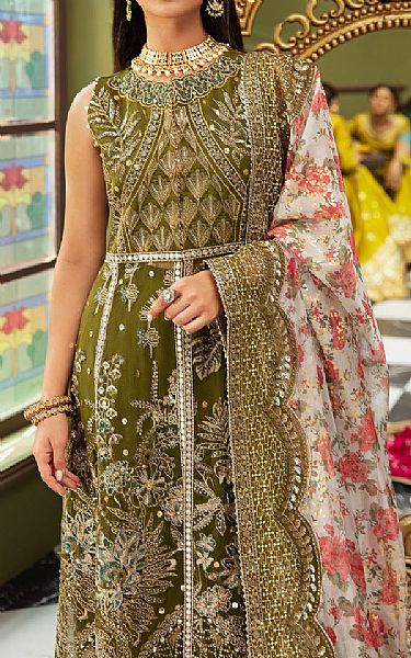 Nureh Olive Organza Suit | Pakistani Embroidered Chiffon Dresses- Image 2