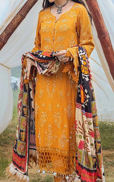 Nureh Orange Linen Suit | Pakistani Dresses in USA- Image 2