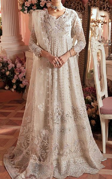 Nureh Off-white Chiffon Suit | Pakistani Embroidered Chiffon Dresses- Image 1